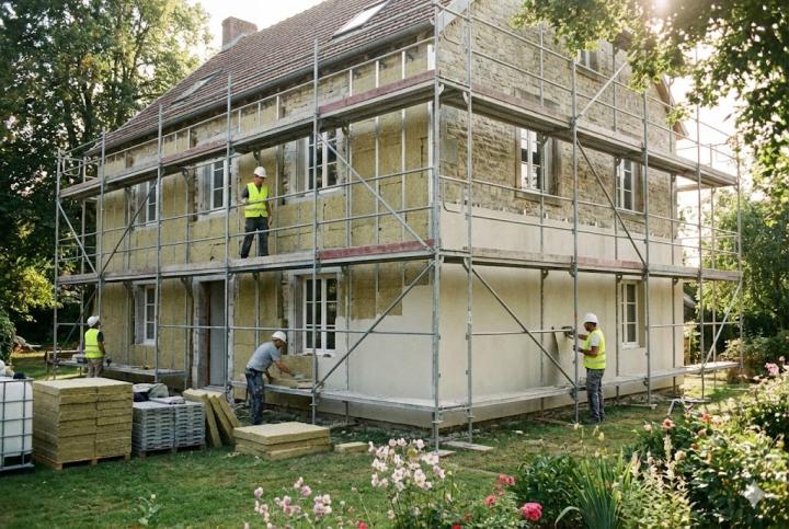 Travaux d’isolation thermique par l’extérieur sur une maison ancienne.