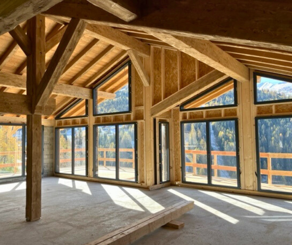 Charpente poteaux-poutres. Réalisation client d'une charpente bois à poteaux-poutres par Merotto.