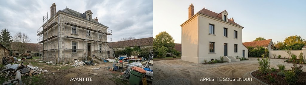 Comparatif avant et après isolation extérieure sous enduit d’une maison