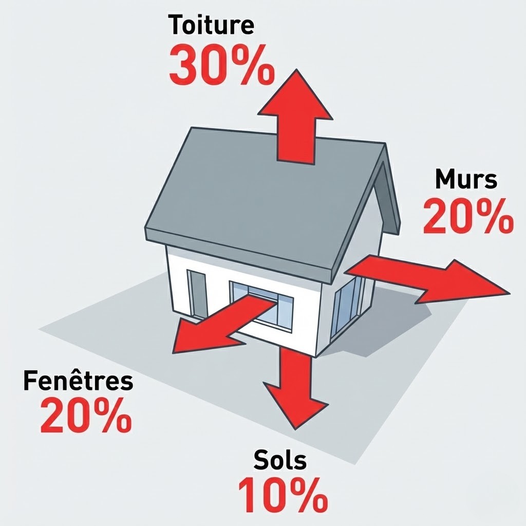 Schéma des déperditions thermiques d’une maison avant isolation