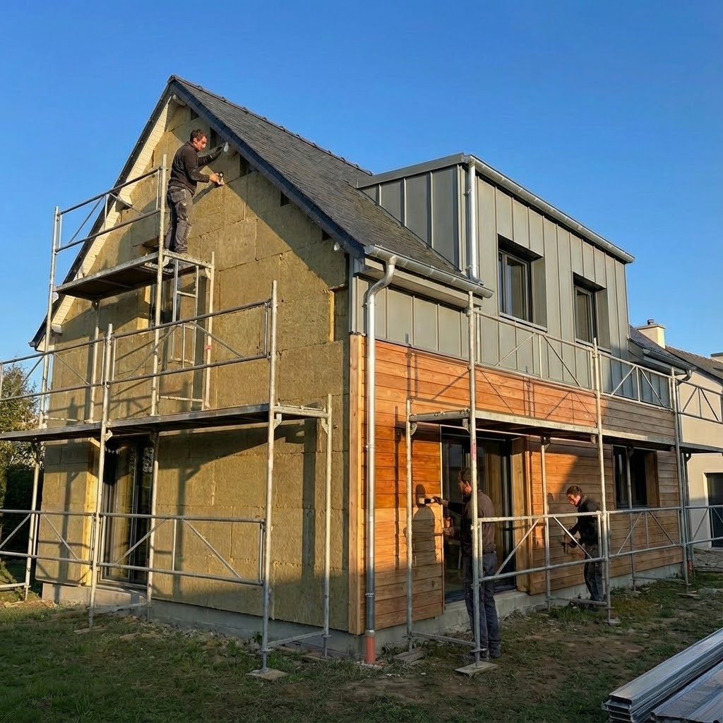 Pose d’un bardage bois vertical sur une isolation par l’extérieur