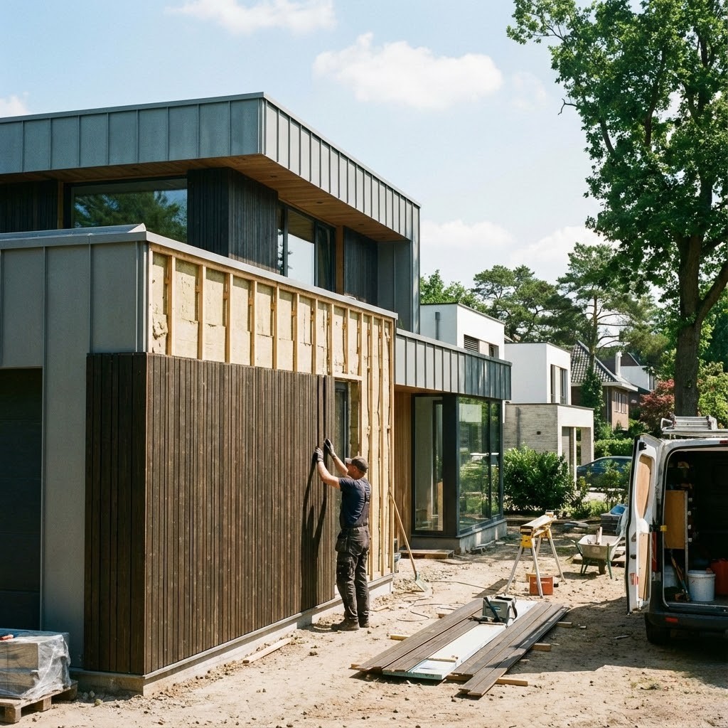 Installation d’un bardage bois sur isolation extérieure d’une maison moderne