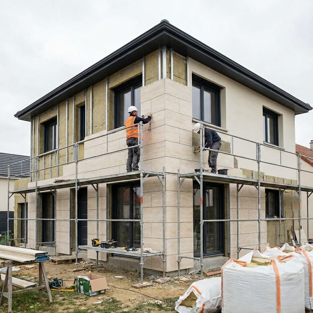 Travaux d’isolation extérieure avec pose de parements contemporains sur maison récente