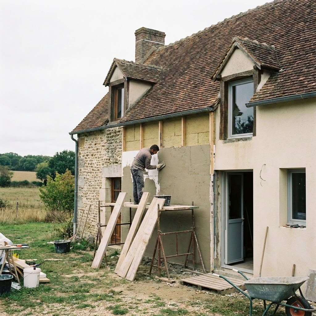 Pose d’un isolant extérieur et application d’un enduit sur une maison ancienne