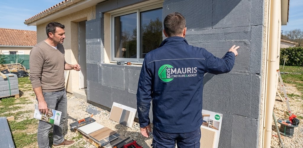 Conseiller Mauris Bois présentant un système d’isolation par l’extérieur sur chantier