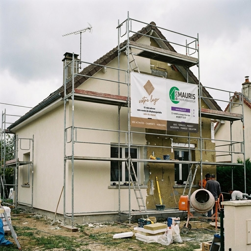 Travaux d’isolation par l’extérieur avec panneaux isolants et bardage, chantier Mauris Bois