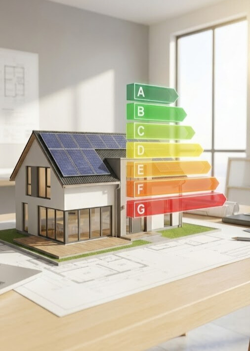 Maquette de maison avec étiquette DPE illustrant la performance énergétique